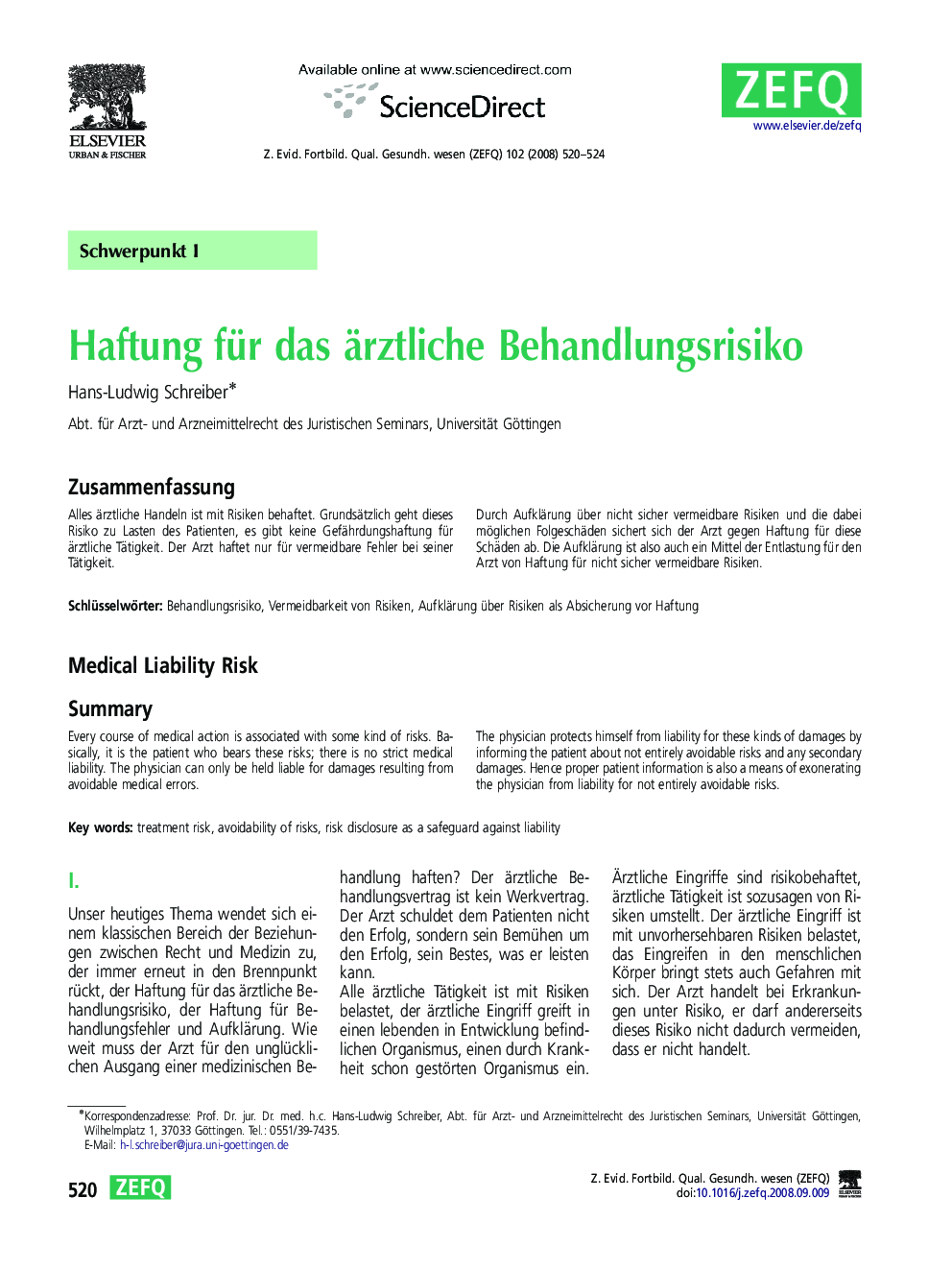 Haftung für das ärztliche Behandlungsrisiko