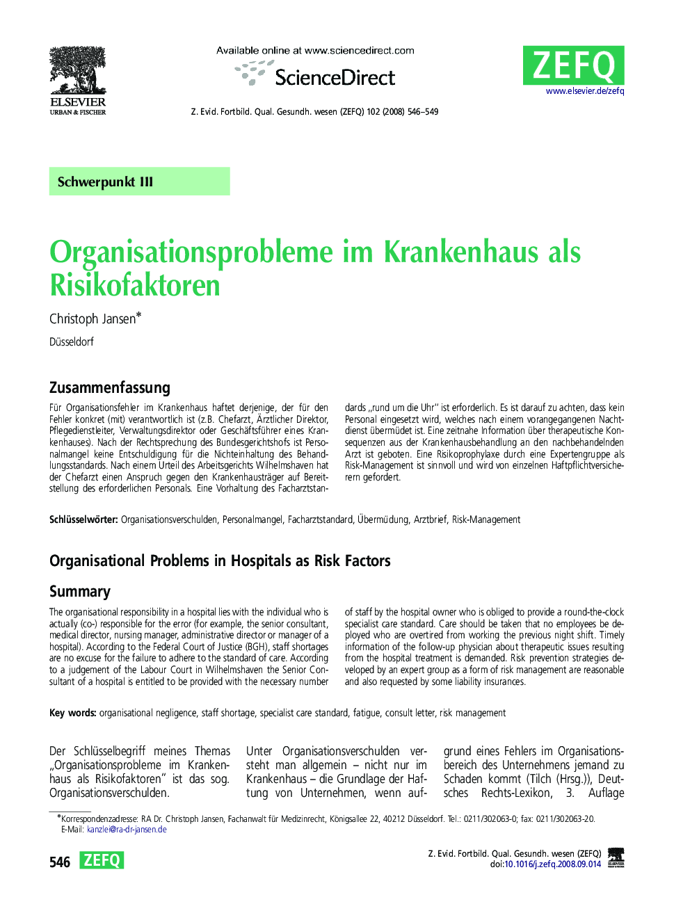 Organisationsprobleme im Krankenhaus als Risikofaktoren