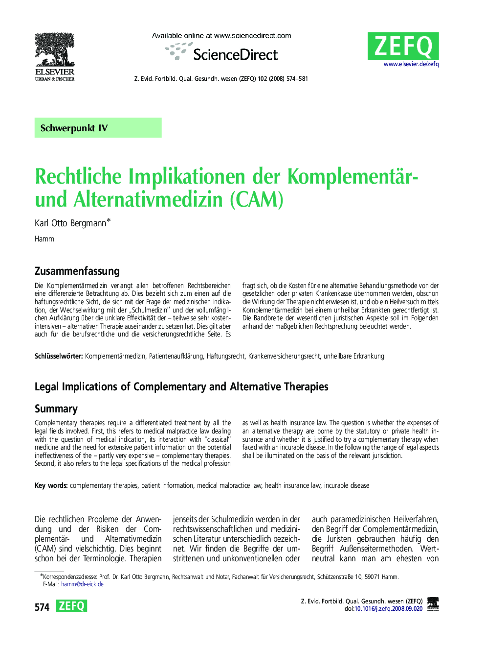 Rechtliche Implikationen der Komplementär- und Alternativmedizin (CAM)