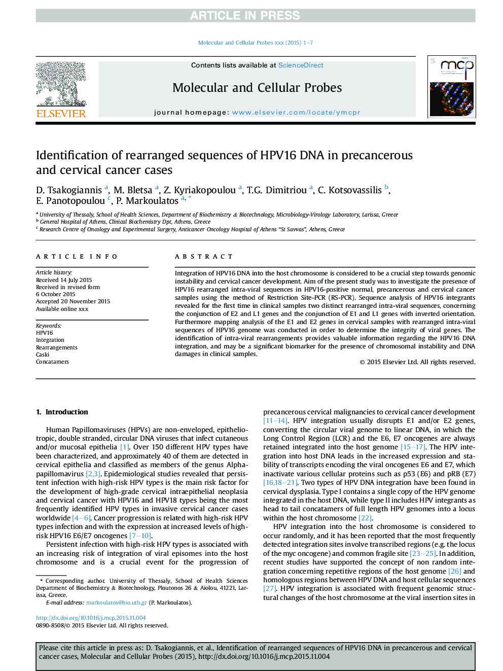 Identification of rearranged sequences of HPV16 DNA in precancerous and cervical cancer cases