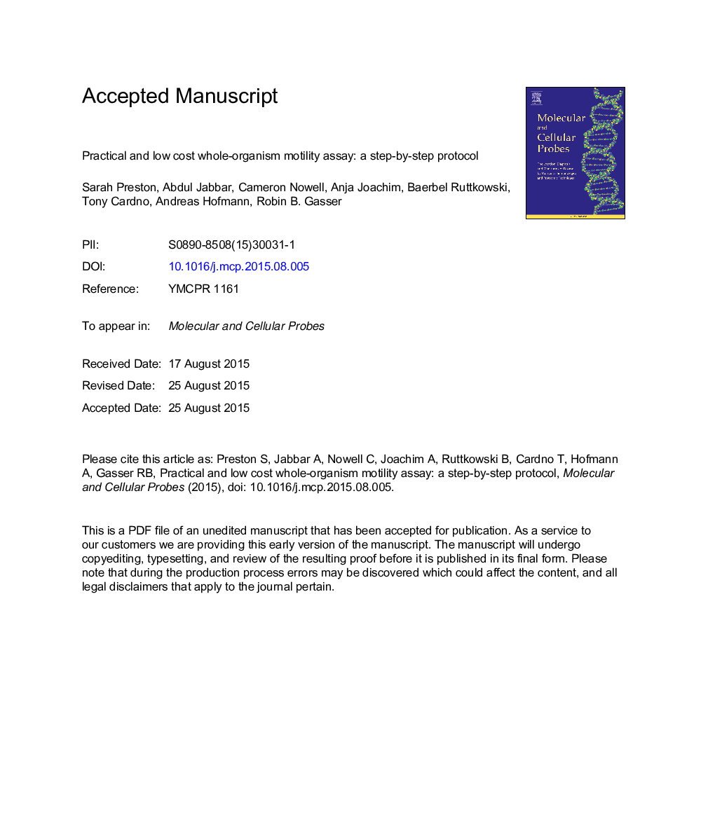 Practical and low cost whole-organism motility assay: A step-by-step protocol