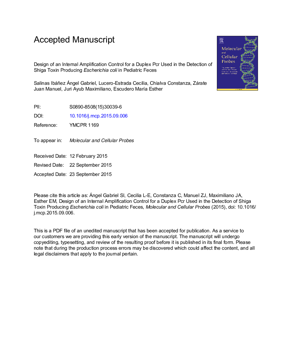 Design of an internal amplification control for a duplex PCR used in the detection of Shiga toxin producing Escherichia coli in pediatric feces