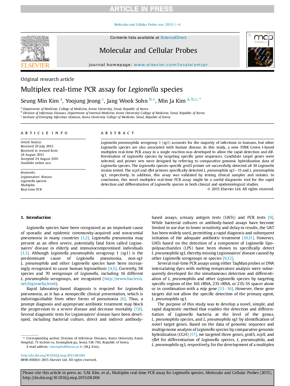 Multiplex real-time PCR assay for Legionella species