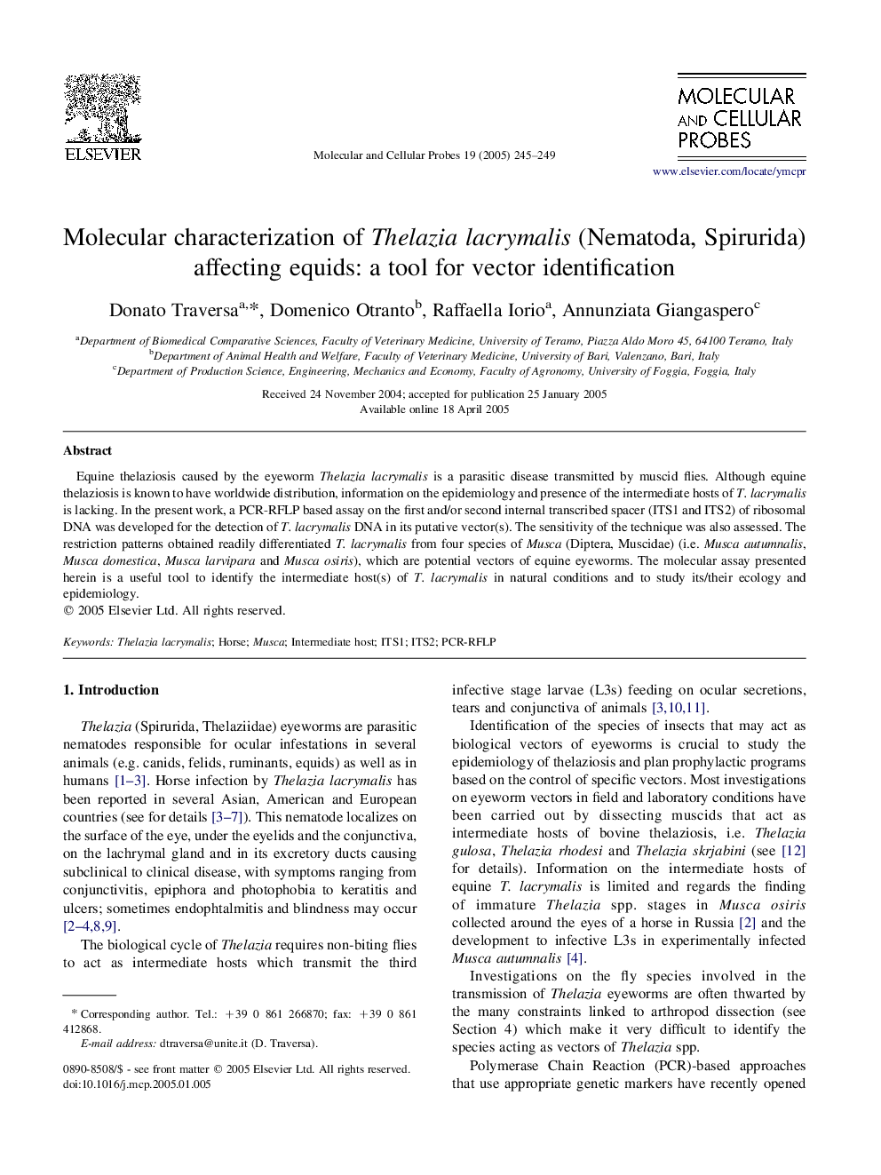 Molecular characterization of Thelazia lacrymalis (Nematoda, Spirurida) affecting equids: a tool for vector identification