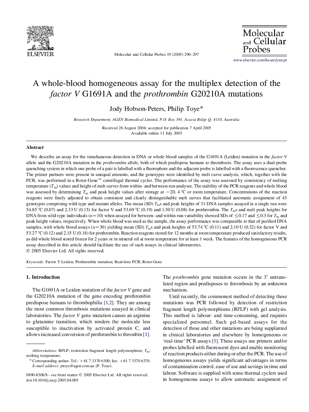 عکس صفحه اول مقاله: A whole-blood homogeneous assay for the multiplex detection of the factor V G1691A and the prothrombin G20210A mutations A whole-blood homogeneous assay for the multiplex detection of the factor V G1691A and the prothrombin G20210A mutations