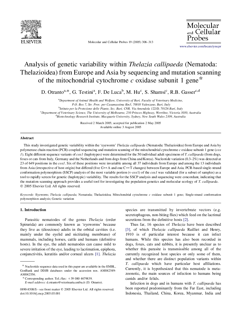 Analysis of genetic variability within Thelazia callipaeda (Nematoda: Thelazioidea) from Europe and Asia by sequencing and mutation scanning of the mitochondrial cytochrome c oxidase subunit 1 gene