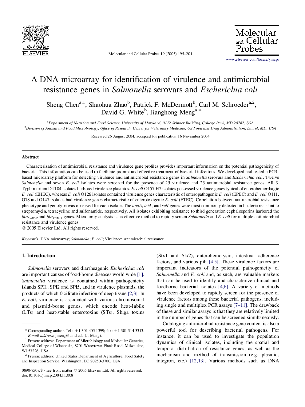 A DNA microarray for identification of virulence and antimicrobial resistance genes in Salmonella serovars and Escherichia coli