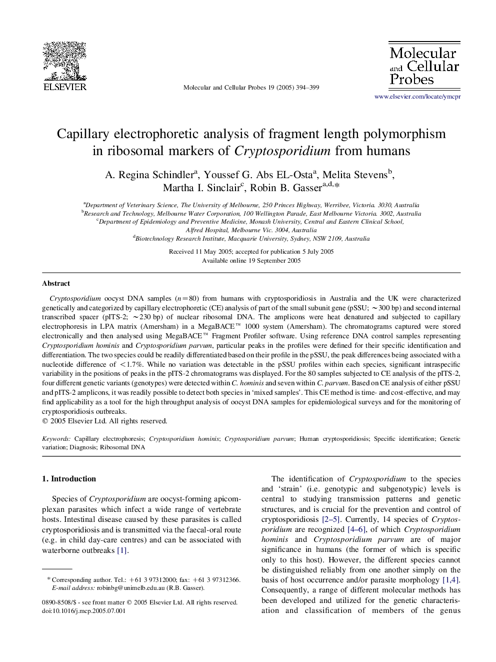 Capillary electrophoretic analysis of fragment length polymorphism in ribosomal markers of Cryptosporidium from humans