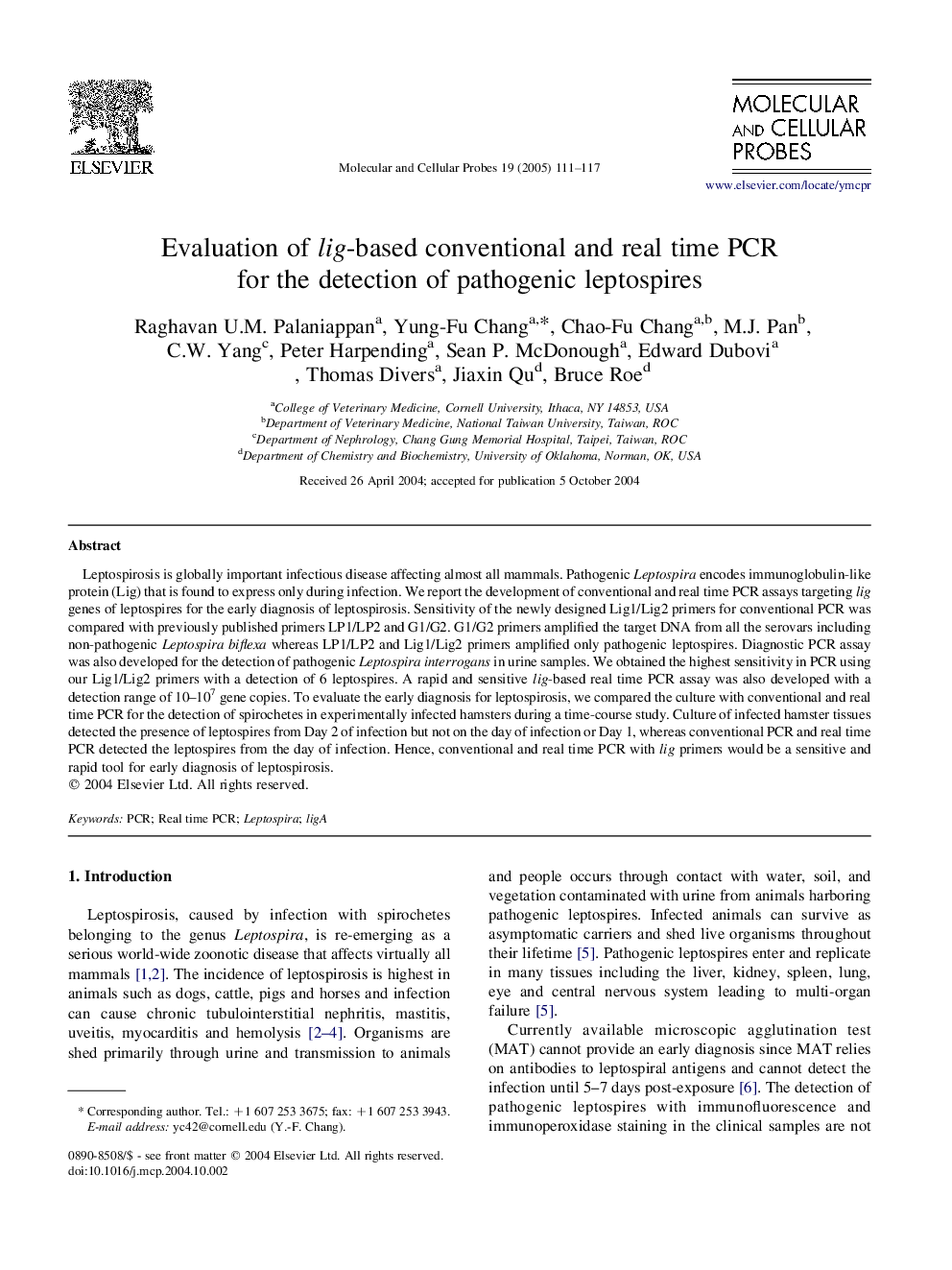عکس صفحه اول مقاله: Evaluation of lig-based conventional and real time PCR for the detection of pathogenic leptospires Evaluation of lig-based conventional and real time PCR for the detection of pathogenic leptospires