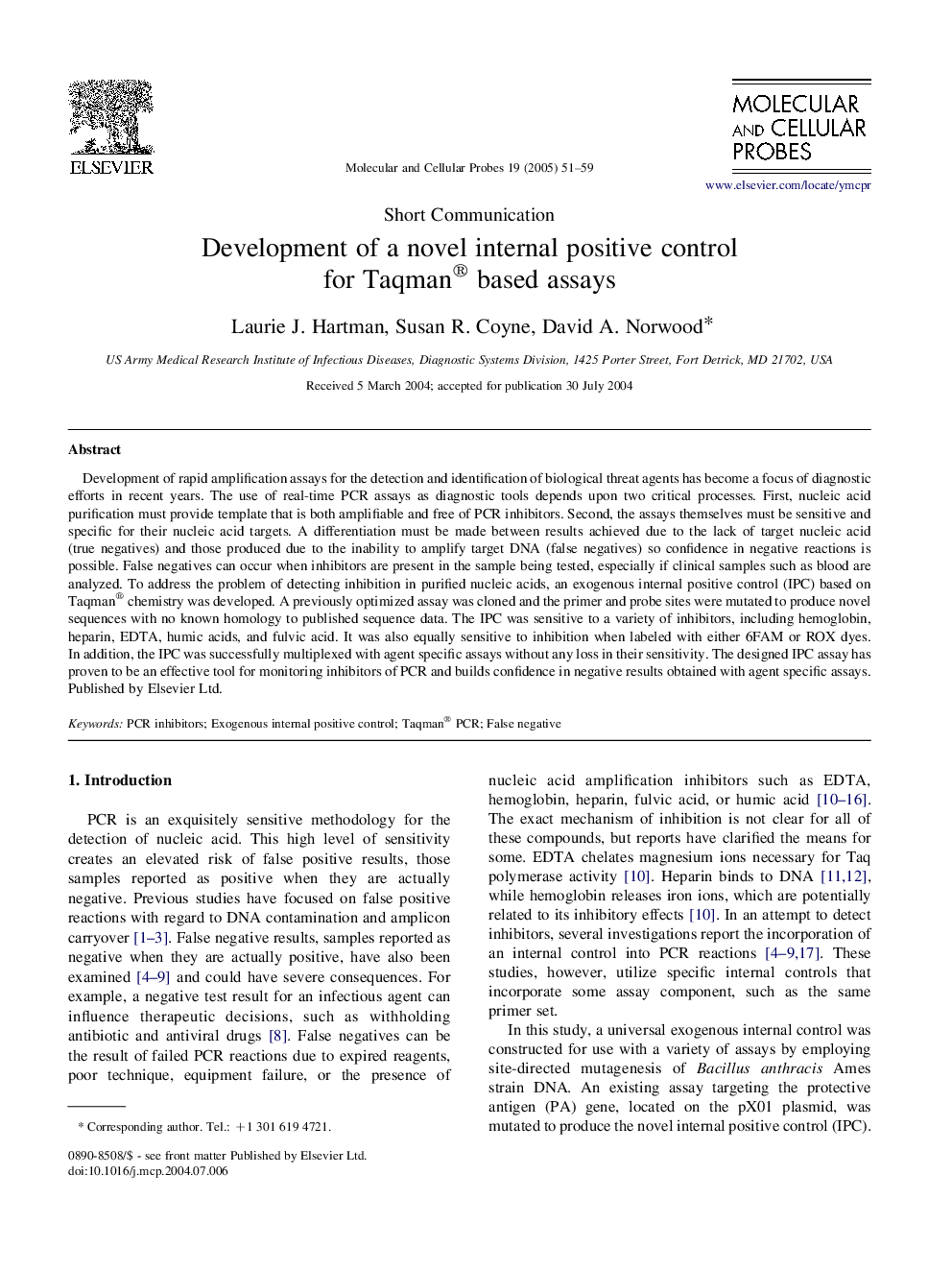 Development of a novel internal positive control for Taqman® based assays