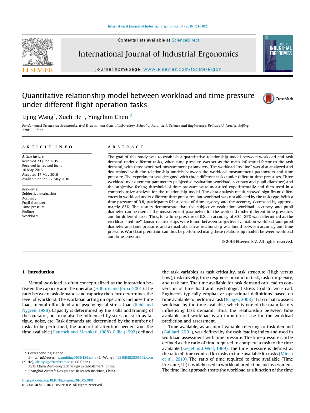 Quantitative relationship model between workload and time pressure under different flight operation tasks