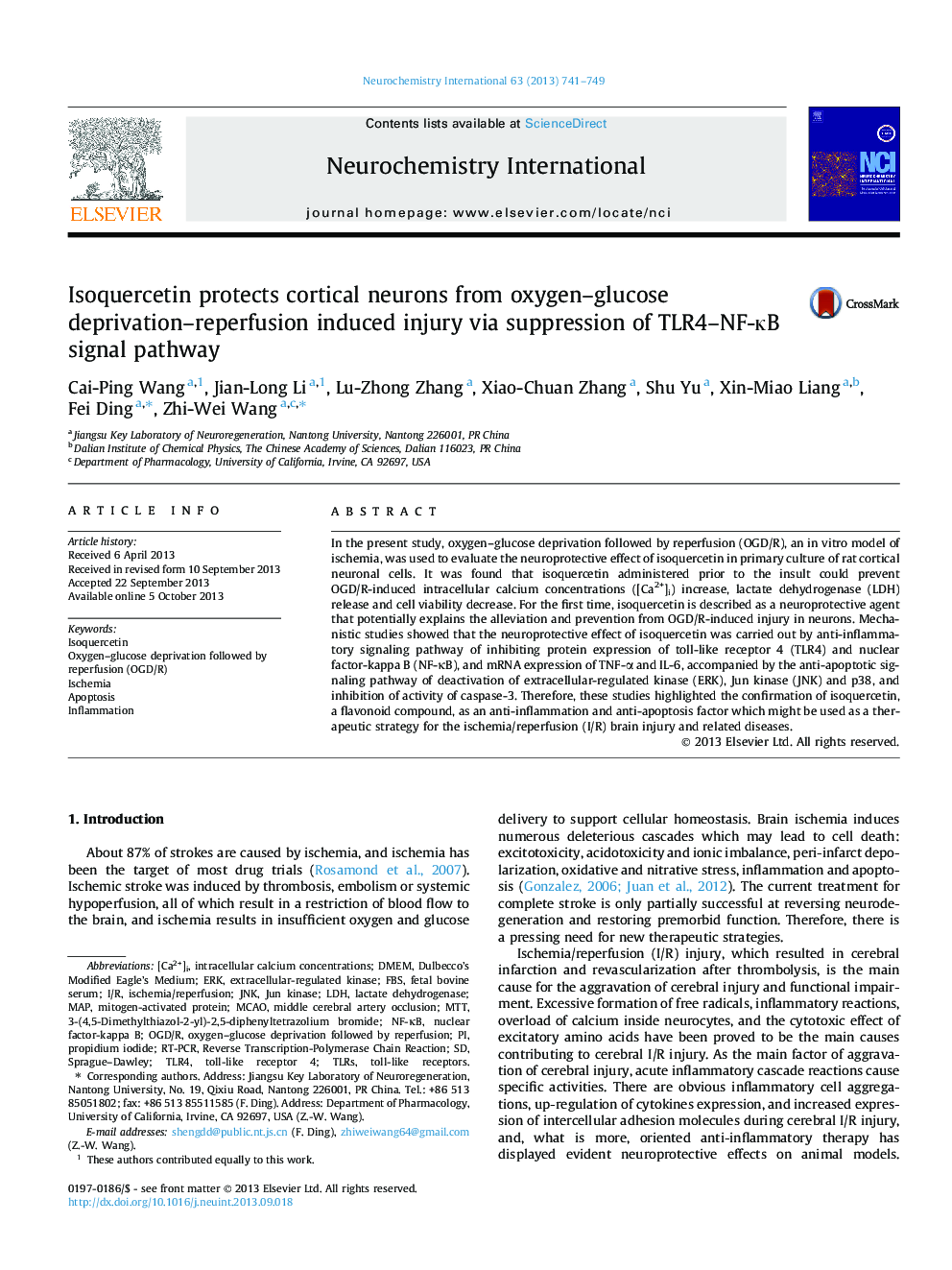 Isoquercetin protects cortical neurons from oxygen-glucose deprivation-reperfusion induced injury via suppression of TLR4-NF-ÐºB signal pathway