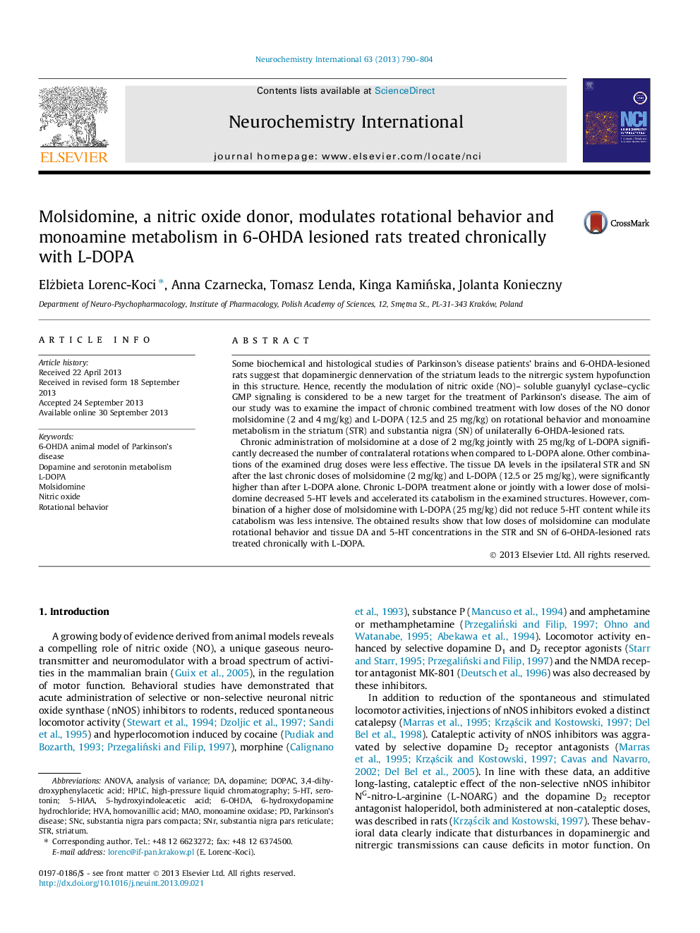 Molsidomine, a nitric oxide donor, modulates rotational behavior and monoamine metabolism in 6-OHDA lesioned rats treated chronically with L-DOPA