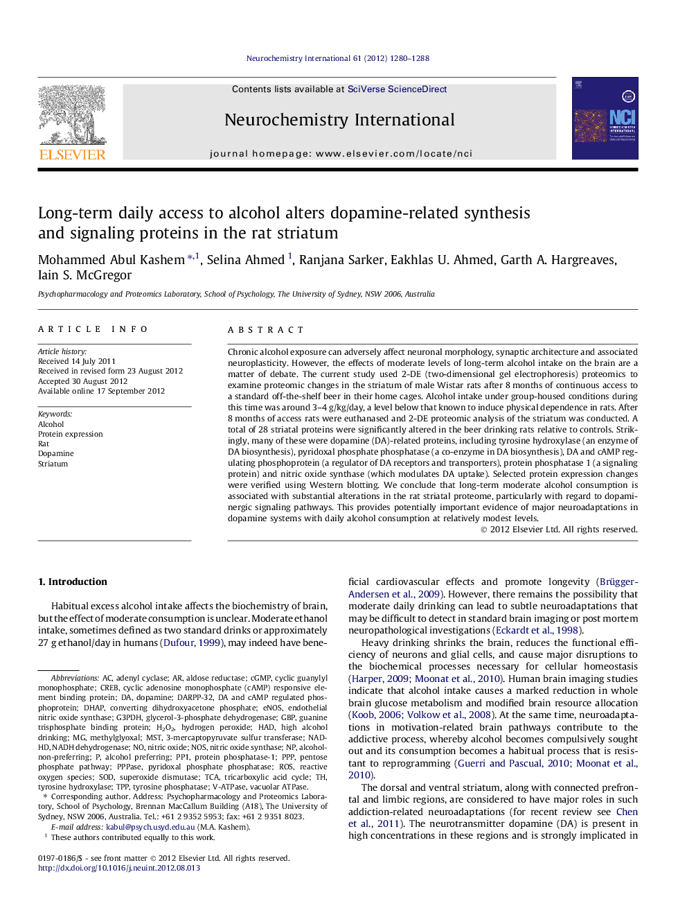 Long-term daily access to alcohol alters dopamine-related synthesis and signaling proteins in the rat striatum