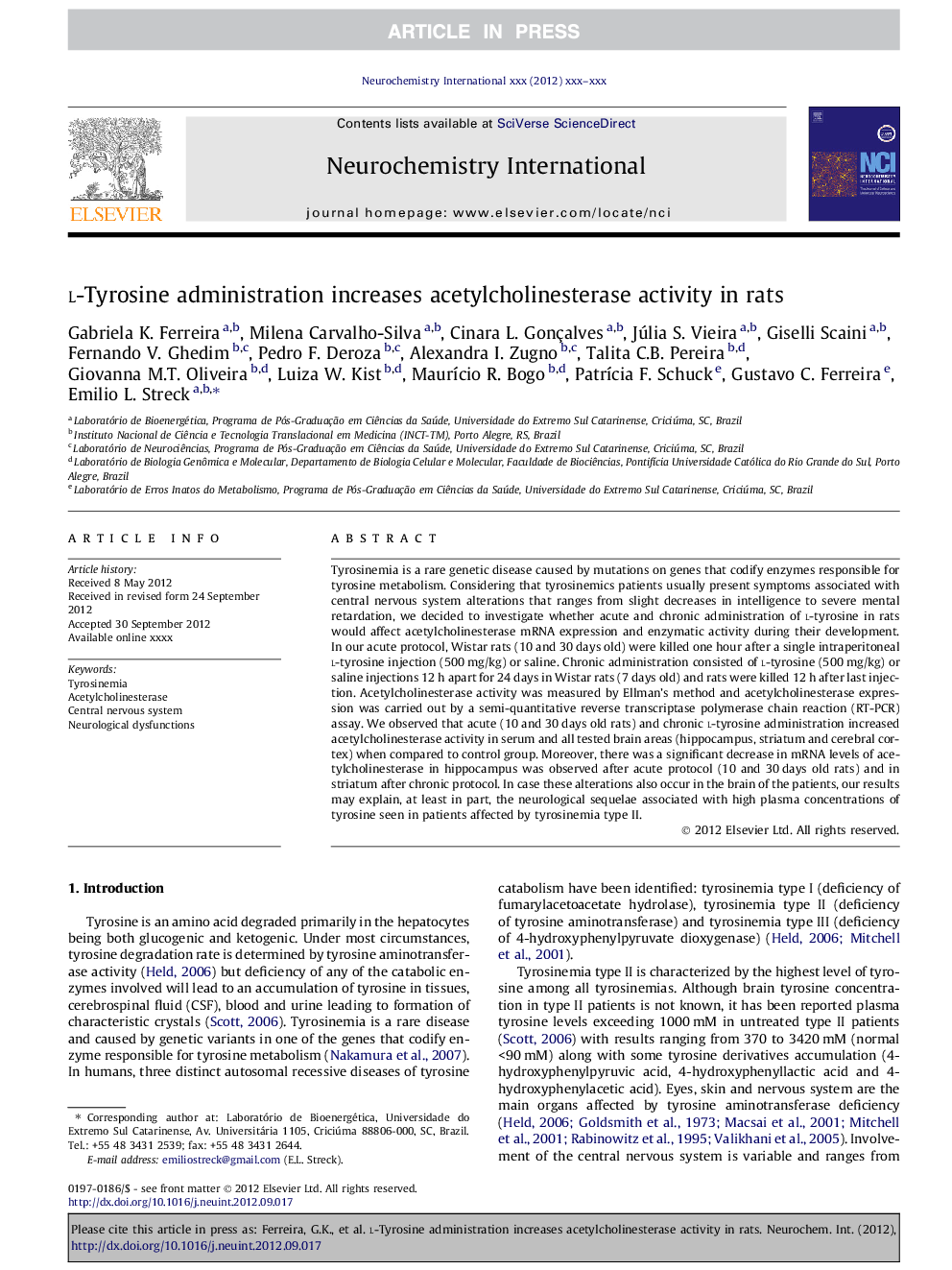 l-Tyrosine administration increases acetylcholinesterase activity in rats