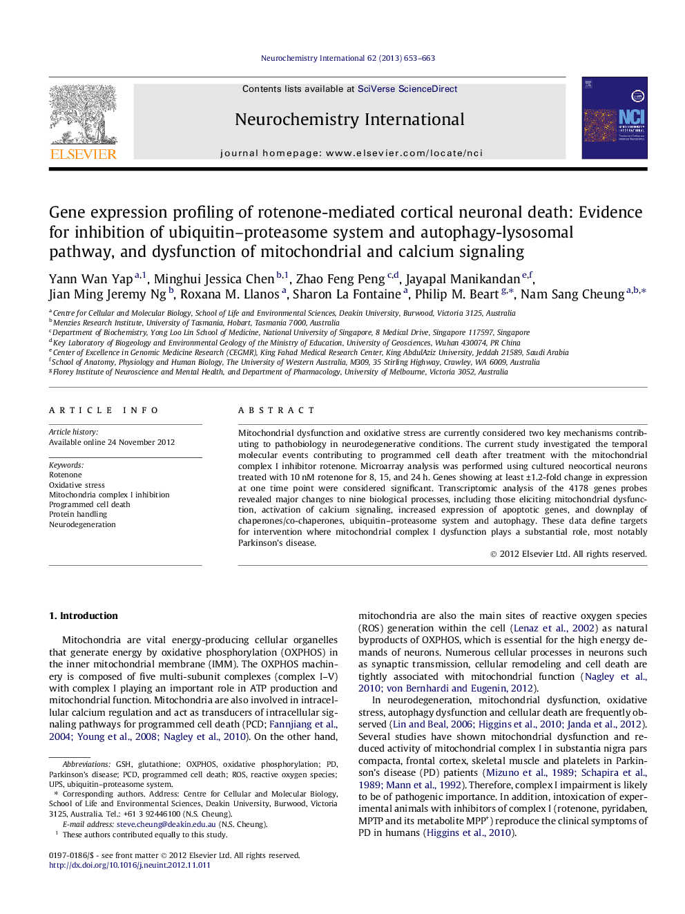 Gene expression profiling of rotenone-mediated cortical neuronal death: Evidence for inhibition of ubiquitin-proteasome system and autophagy-lysosomal pathway, and dysfunction of mitochondrial and calcium signaling