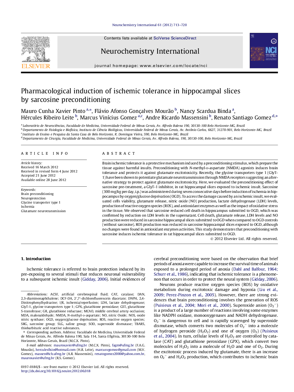 Pharmacological induction of ischemic tolerance in hippocampal slices by sarcosine preconditioning