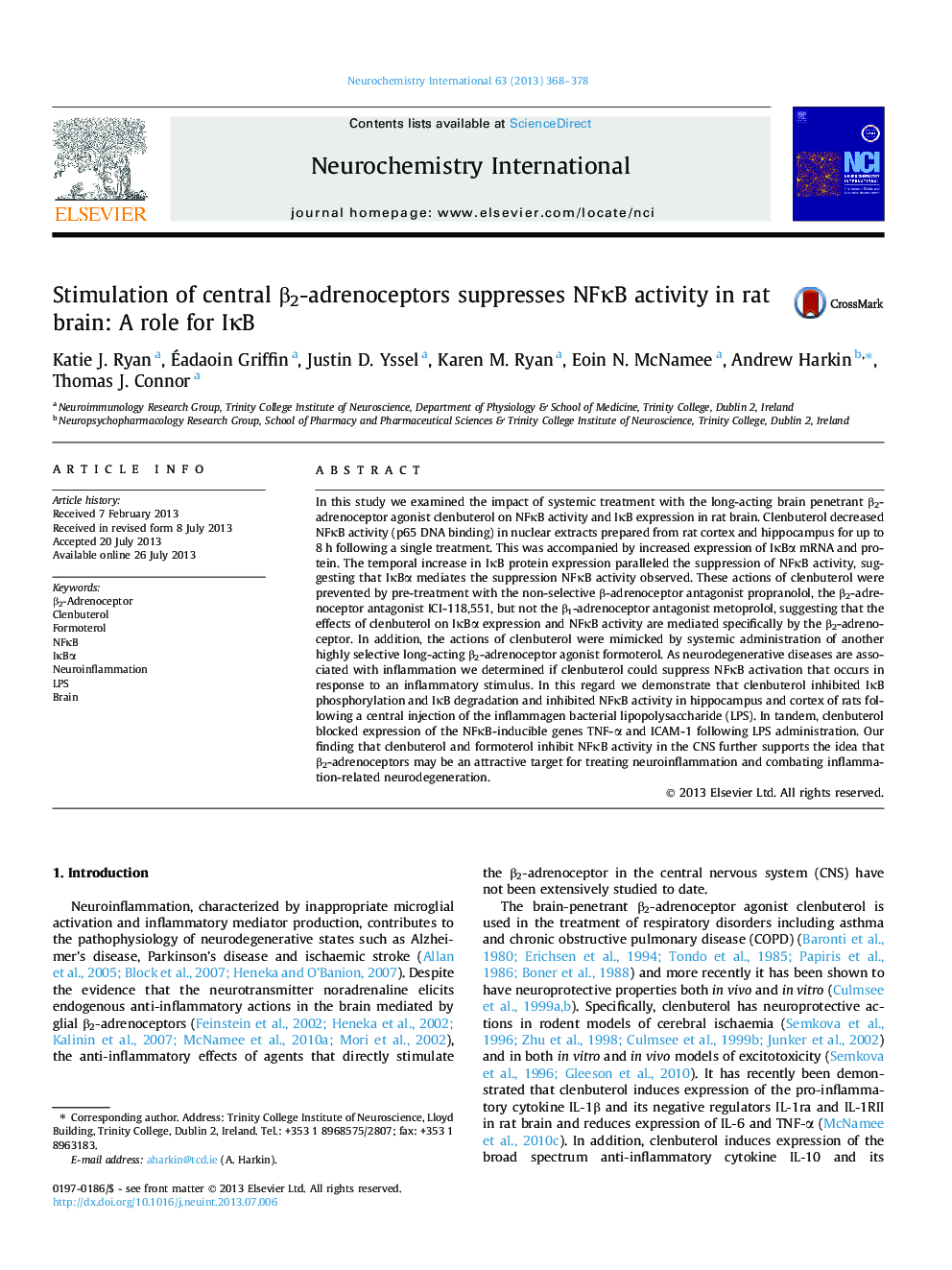 Stimulation of central Î²2-adrenoceptors suppresses NFÎºB activity in rat brain: A role for IÎºB