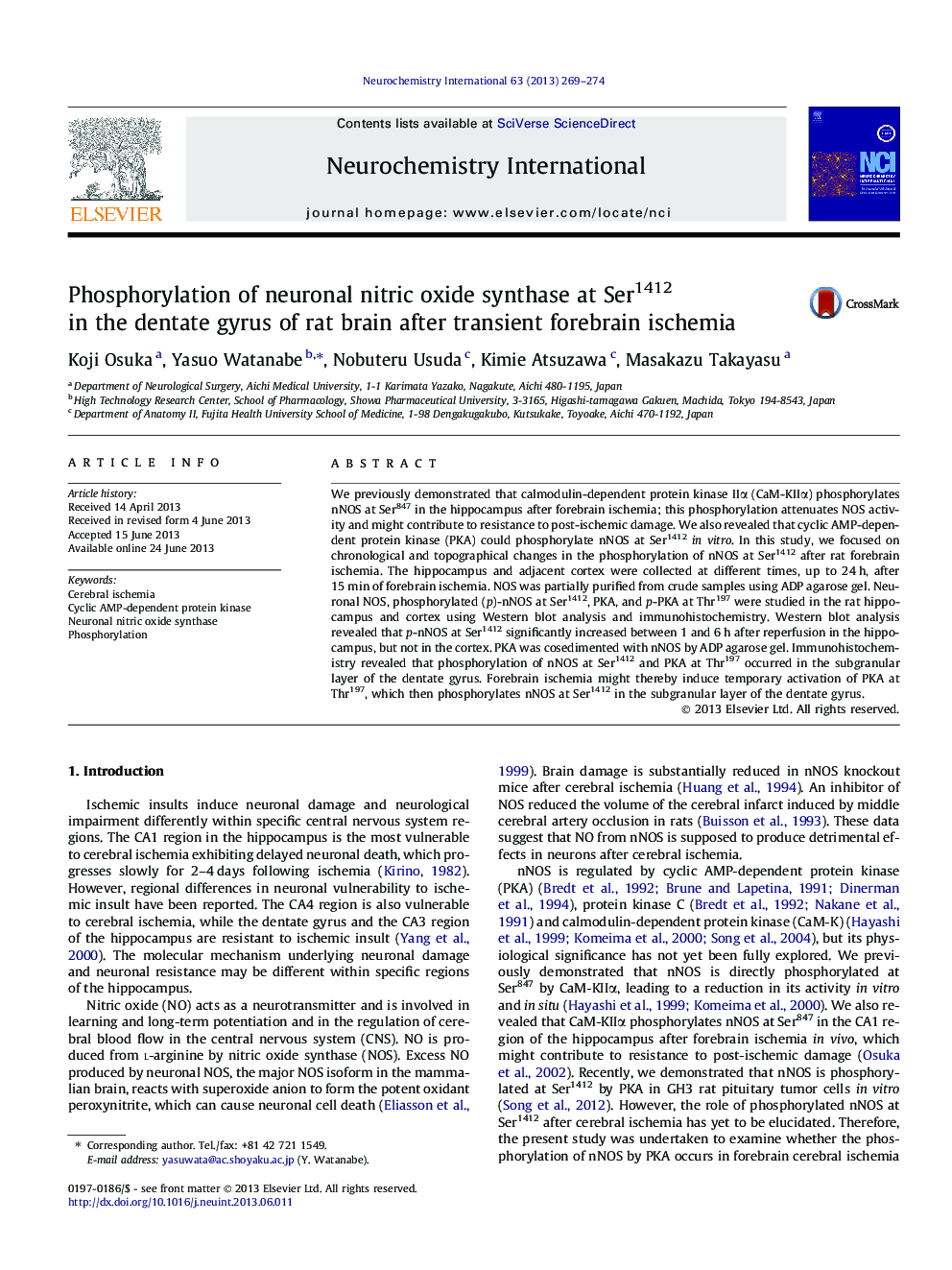 Phosphorylation of neuronal nitric oxide synthase at Ser1412 in the dentate gyrus of rat brain after transient forebrain ischemia