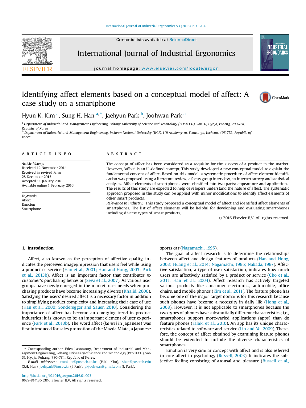 Identifying affect elements based on a conceptual model of affect: A case study on a smartphone