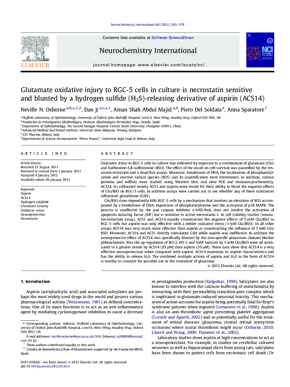 Glutamate oxidative injury to RGC-5 cells in culture is necrostatin sensitive and blunted by a hydrogen sulfide (H2S)-releasing derivative of aspirin (ACS14)