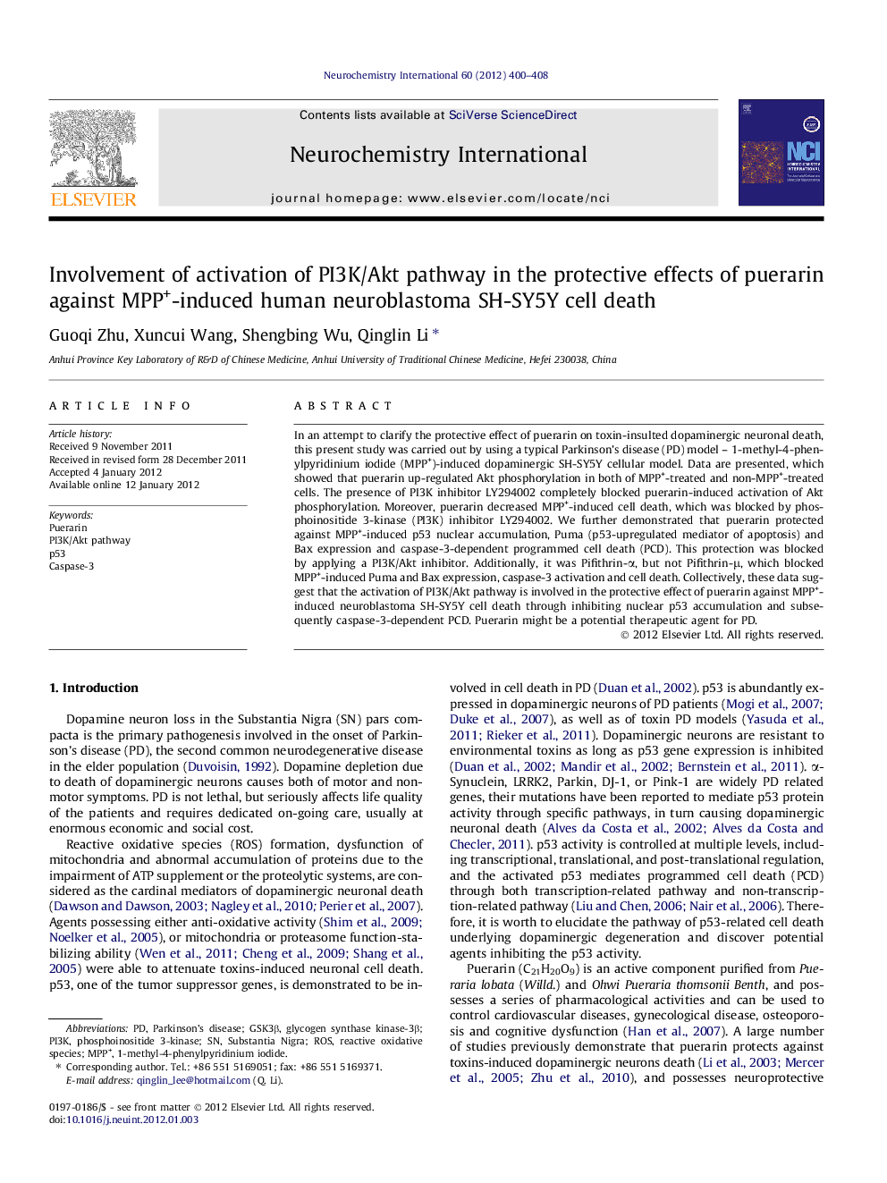 Involvement of activation of PI3K/Akt pathway in the protective effects of puerarin against MPP+-induced human neuroblastoma SH-SY5Y cell death