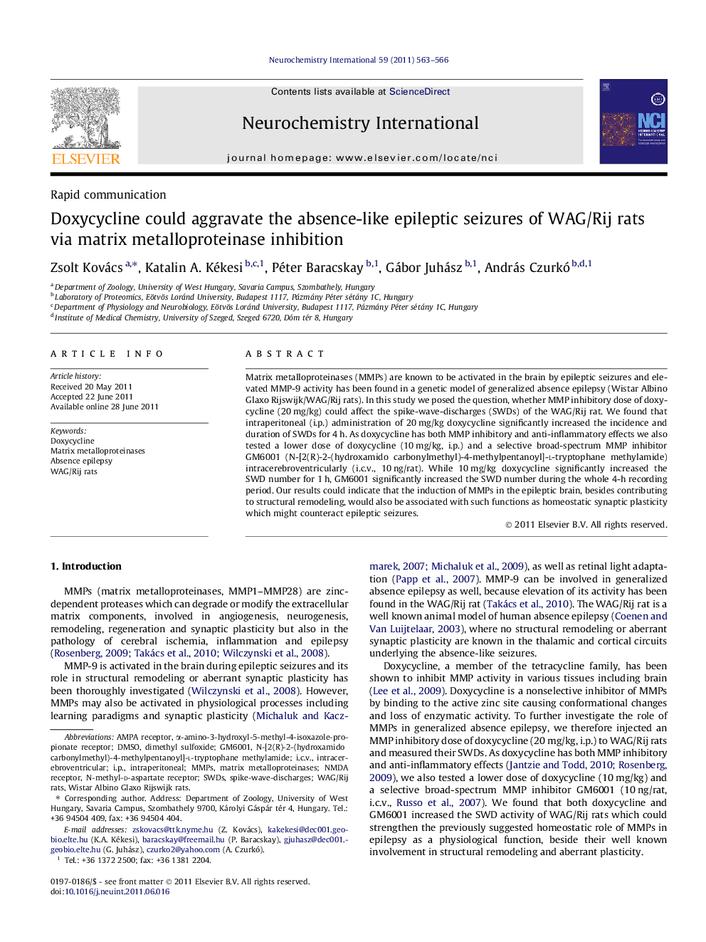 Doxycycline could aggravate the absence-like epileptic seizures of WAG/Rij rats via matrix metalloproteinase inhibition