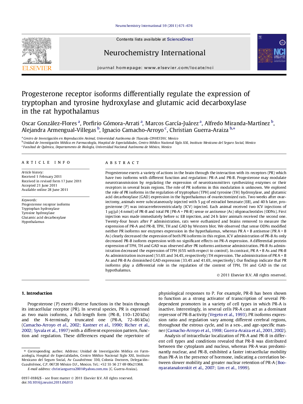 Progesterone receptor isoforms differentially regulate the expression of tryptophan and tyrosine hydroxylase and glutamic acid decarboxylase in the rat hypothalamus