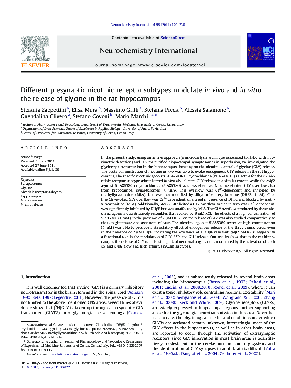 Different presynaptic nicotinic receptor subtypes modulate in vivo and in vitro the release of glycine in the rat hippocampus