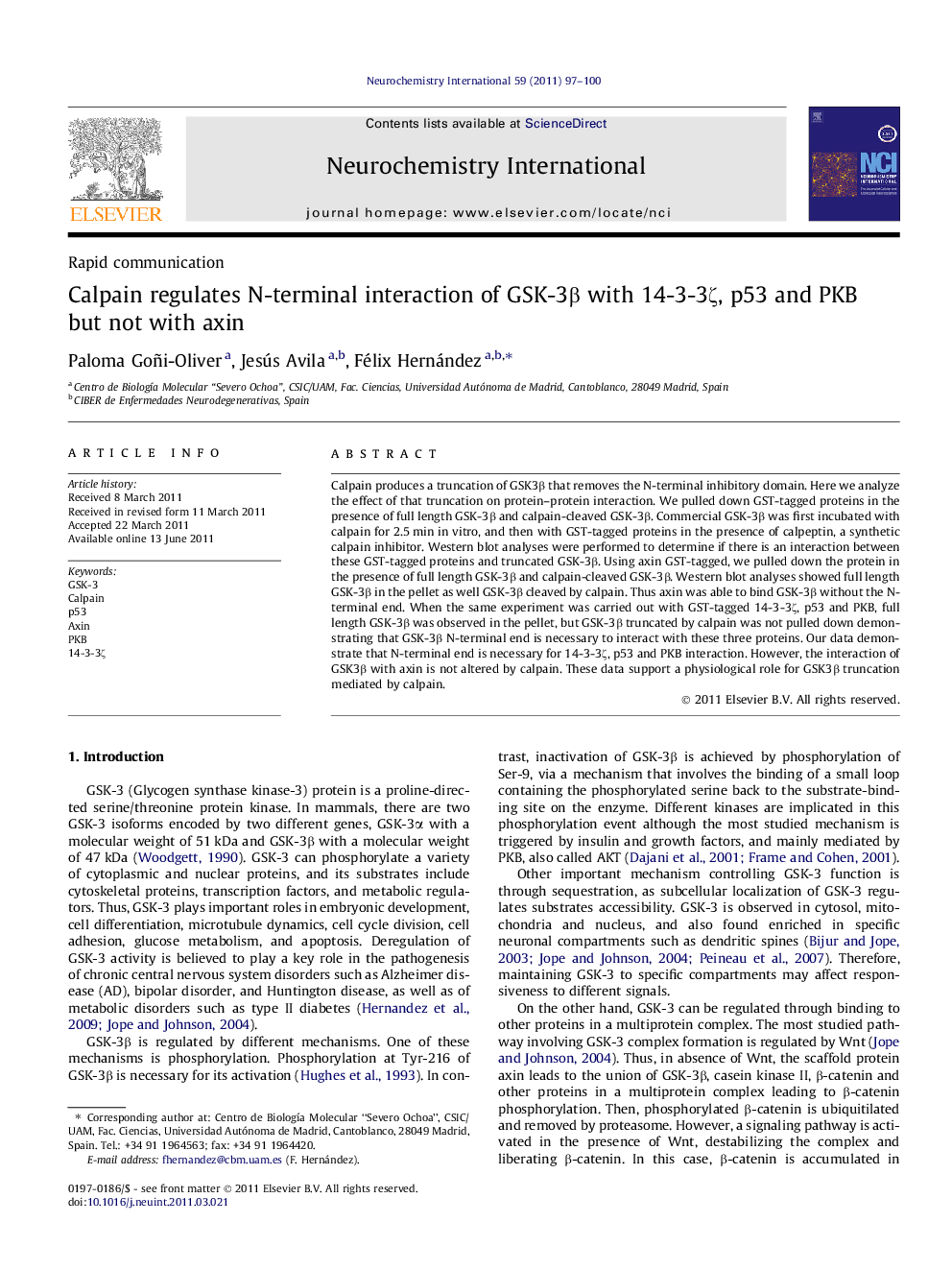 Calpain regulates N-terminal interaction of GSK-3Î² with 14-3-3Î¶, p53 and PKB but not with axin