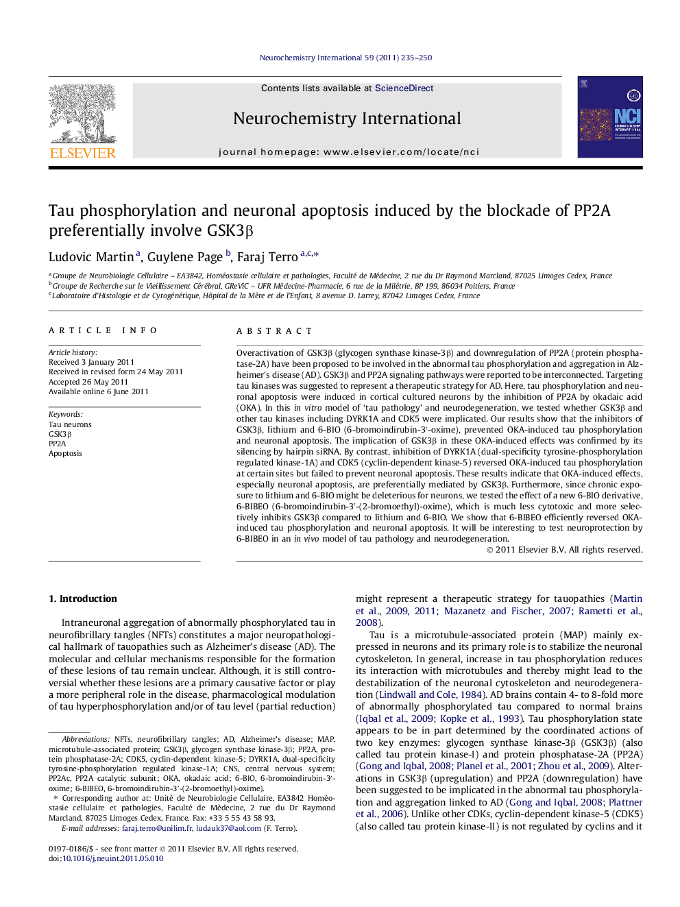 Tau phosphorylation and neuronal apoptosis induced by the blockade of PP2A preferentially involve GSK3Î²