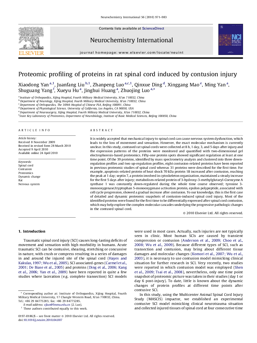 Proteomic profiling of proteins in rat spinal cord induced by contusion injury