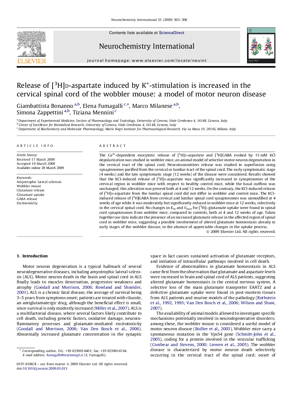 Release of [3H]d-aspartate induced by K+-stimulation is increased in the cervical spinal cord of the wobbler mouse: a model of motor neuron disease