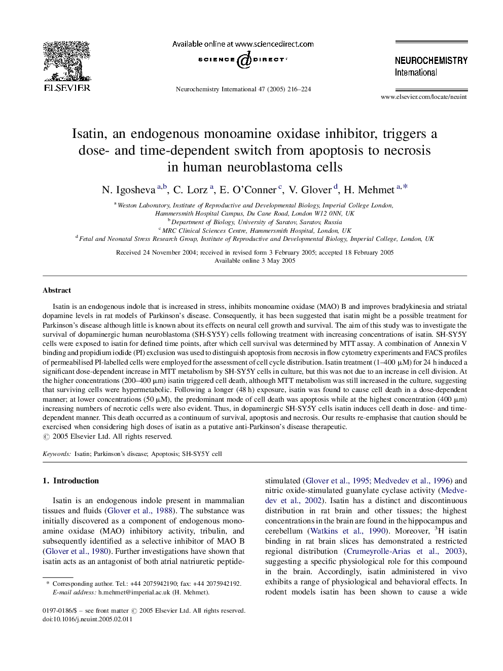 Isatin, an endogenous monoamine oxidase inhibitor, triggers a dose- and time-dependent switch from apoptosis to necrosis in human neuroblastoma cells