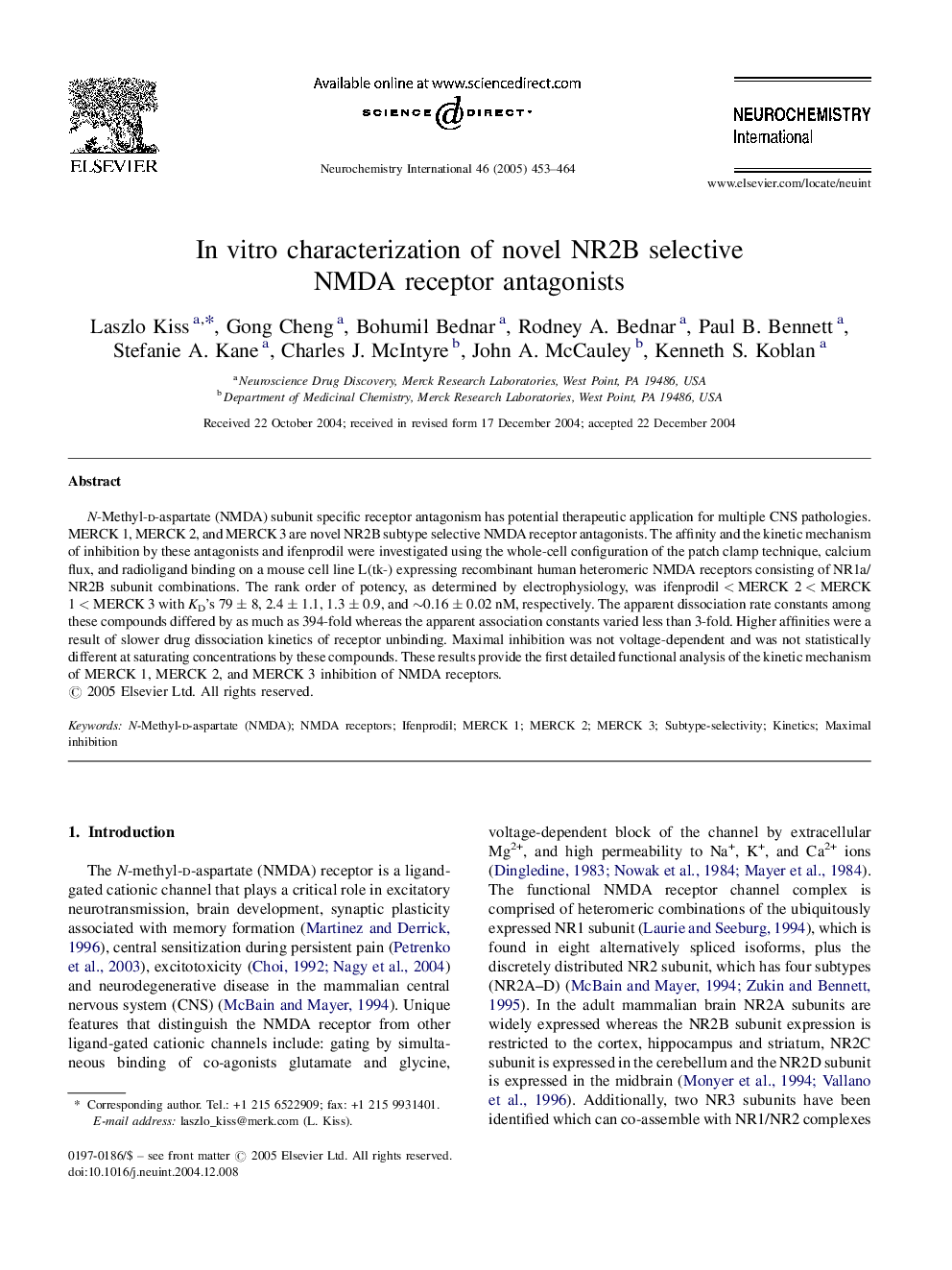 In vitro characterization of novel NR2B selective NMDA receptor antagonists