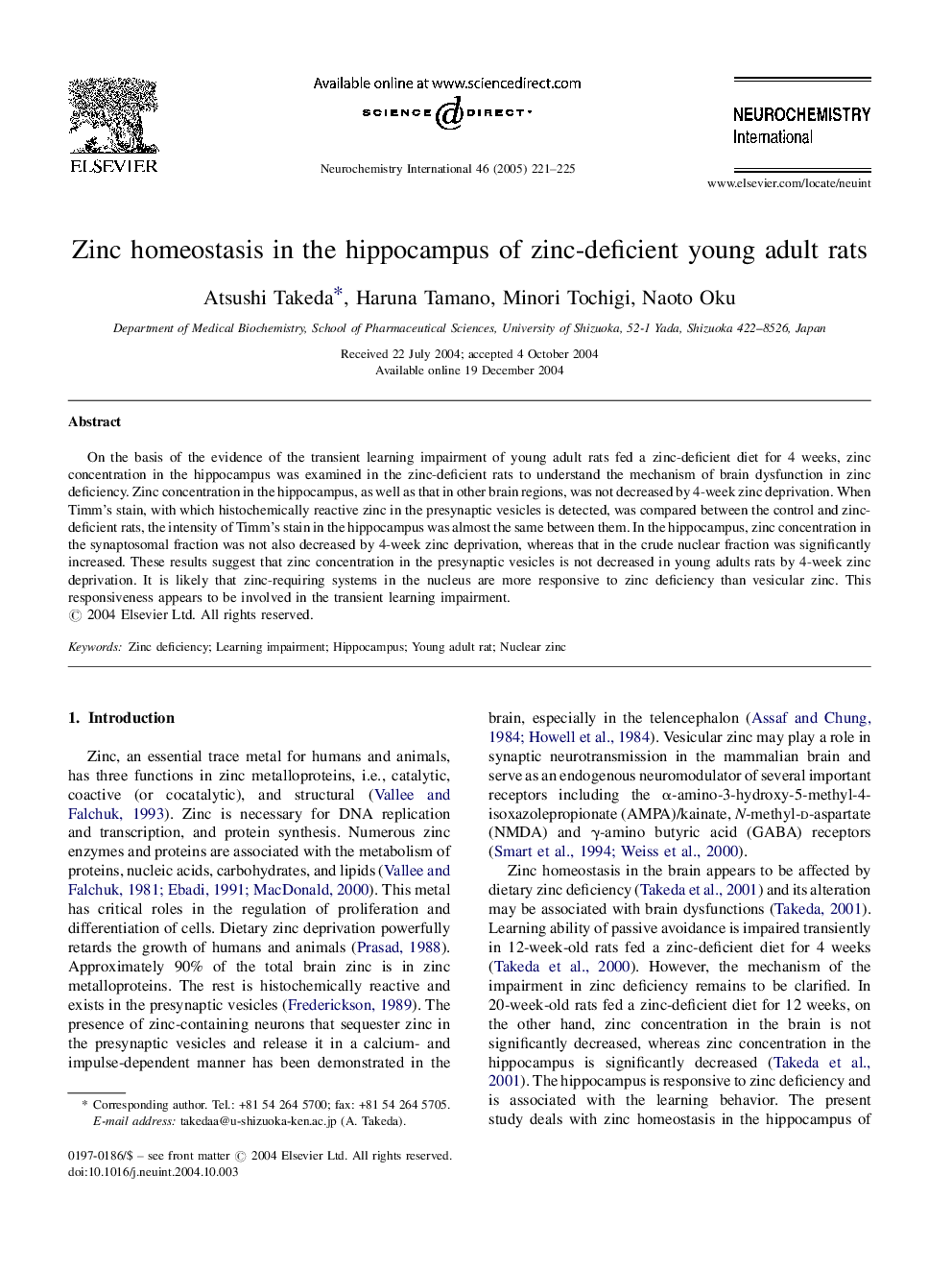 Zinc homeostasis in the hippocampus of zinc-deficient young adult rats