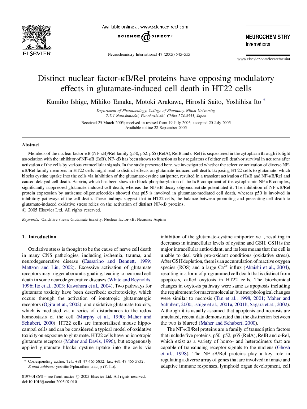 Distinct nuclear factor-ÎºB/Rel proteins have opposing modulatory effects in glutamate-induced cell death in HT22 cells