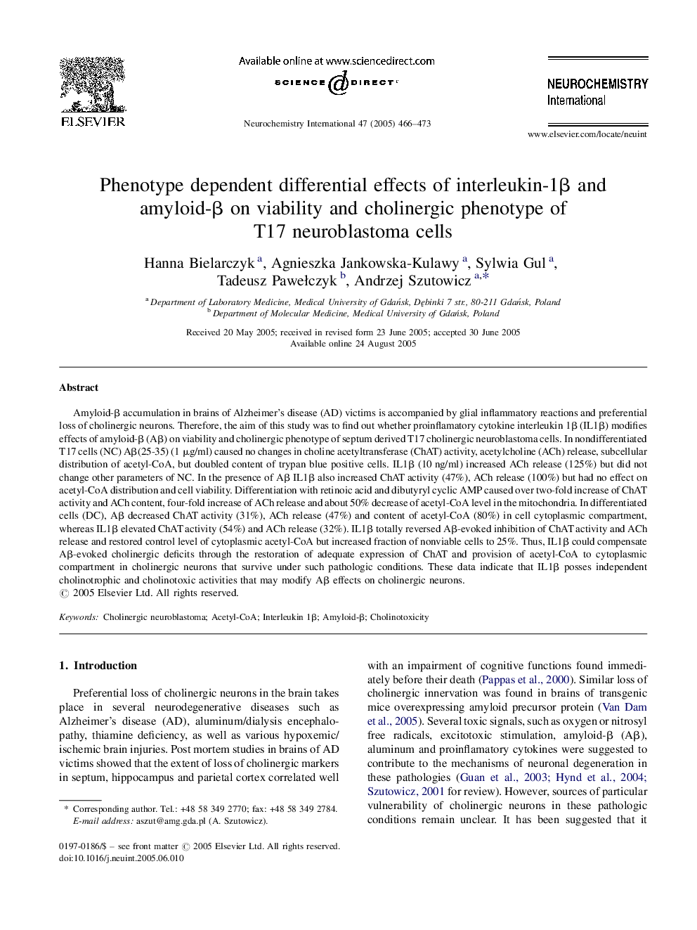 Phenotype dependent differential effects of interleukin-1Î² and amyloid-Î² on viability and cholinergic phenotype of T17 neuroblastoma cells