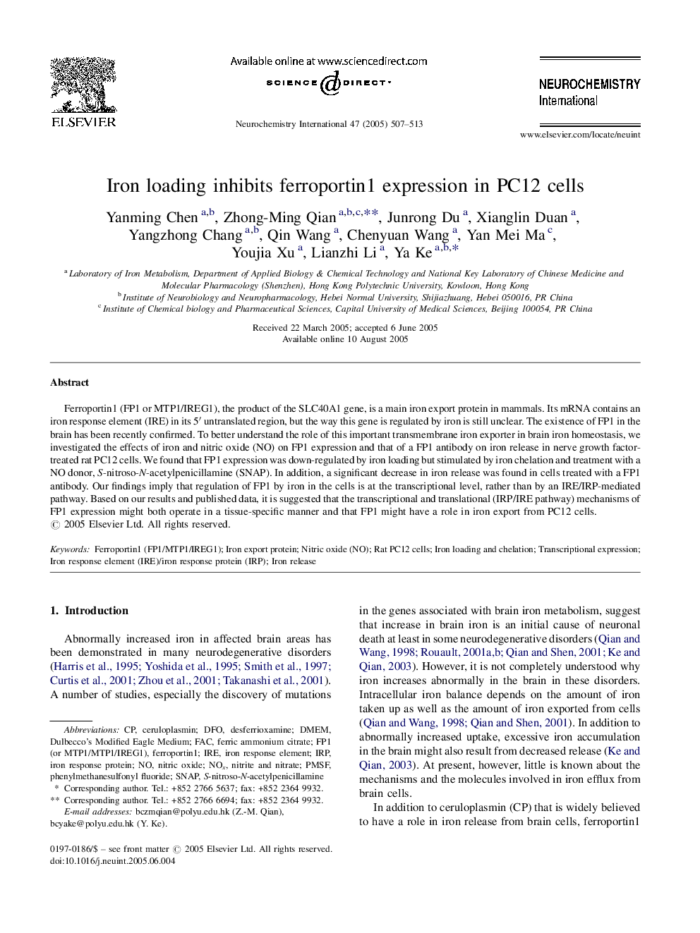 Iron loading inhibits ferroportin1 expression in PC12 cells