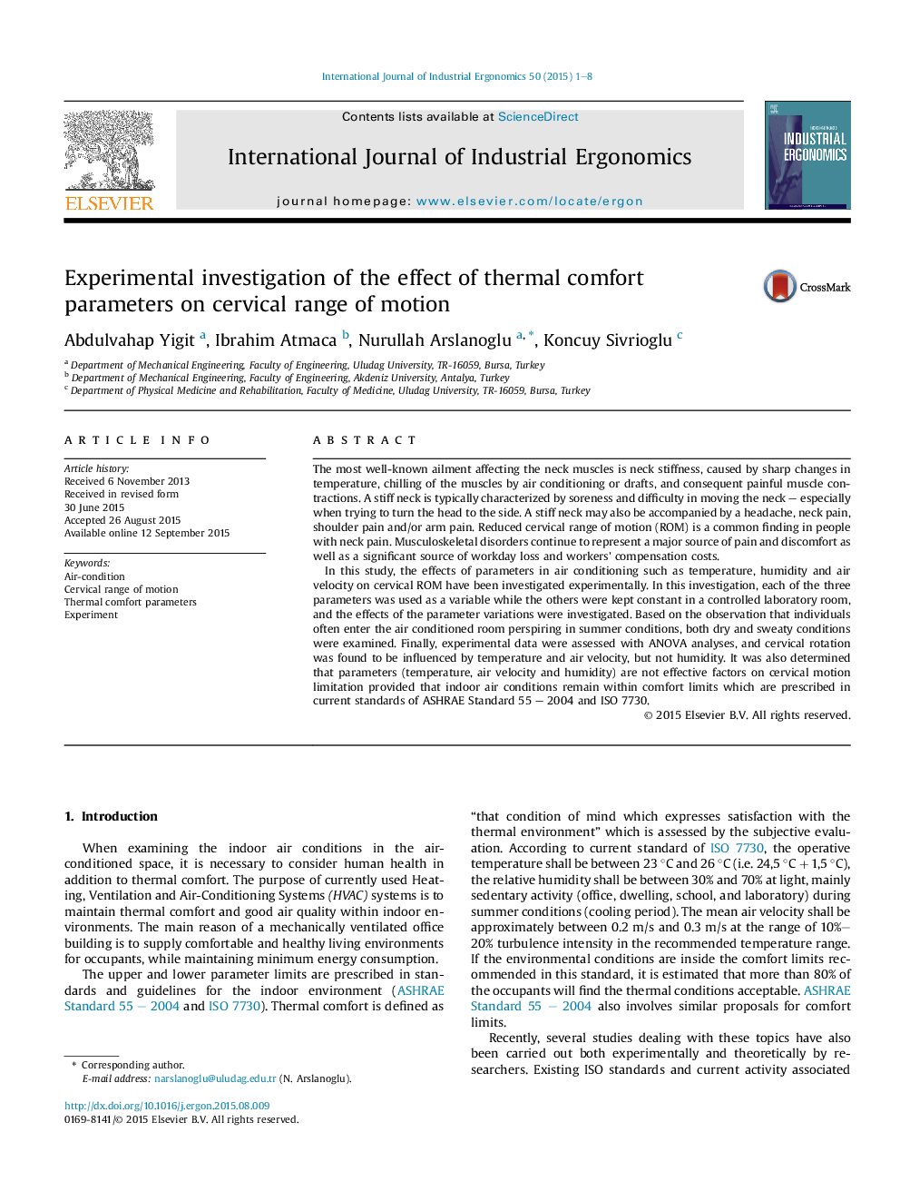 Experimental investigation of the effect of thermal comfort parameters on cervical range of motion