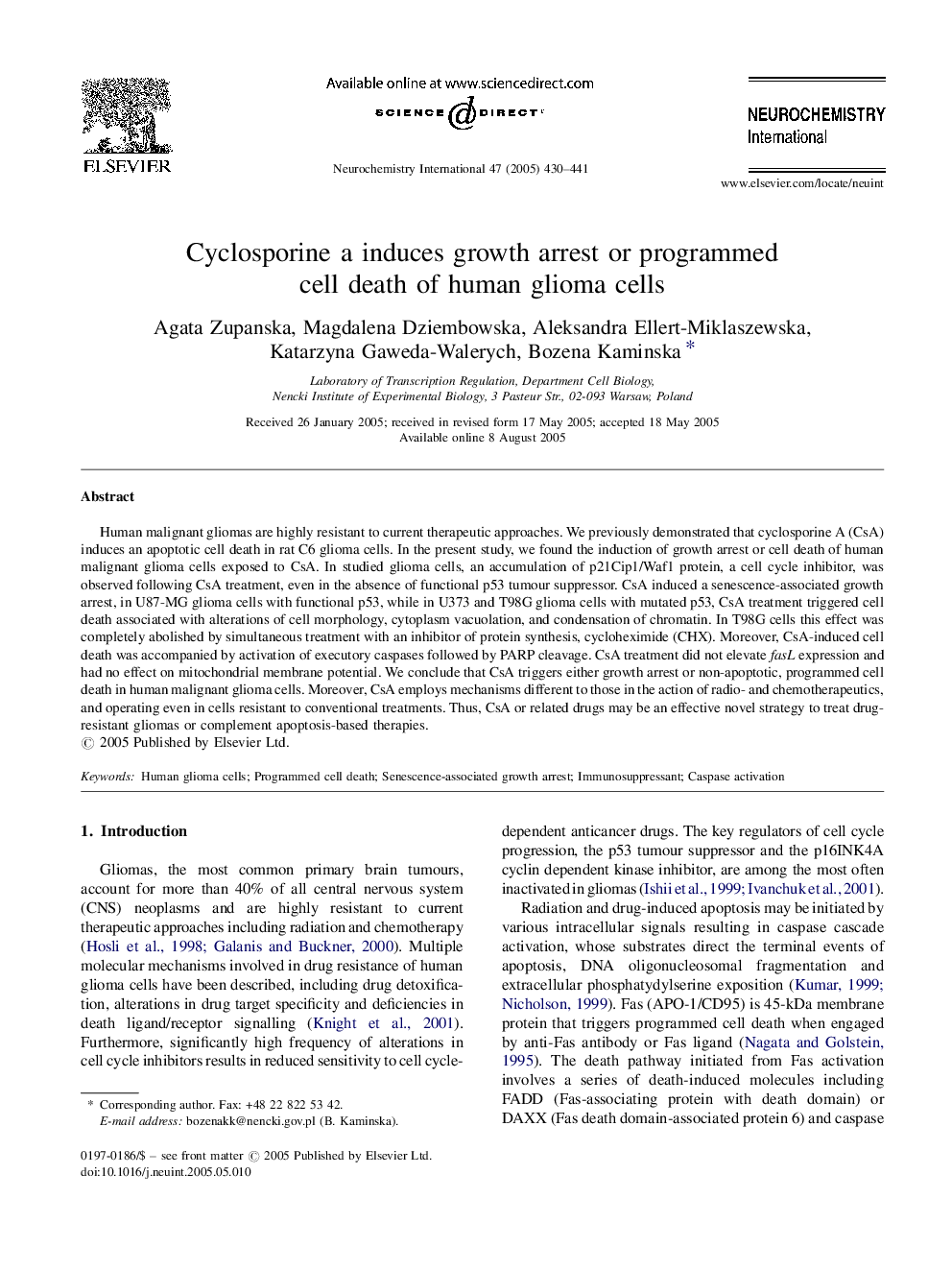 Cyclosporine a induces growth arrest or programmed cell death of human glioma cells