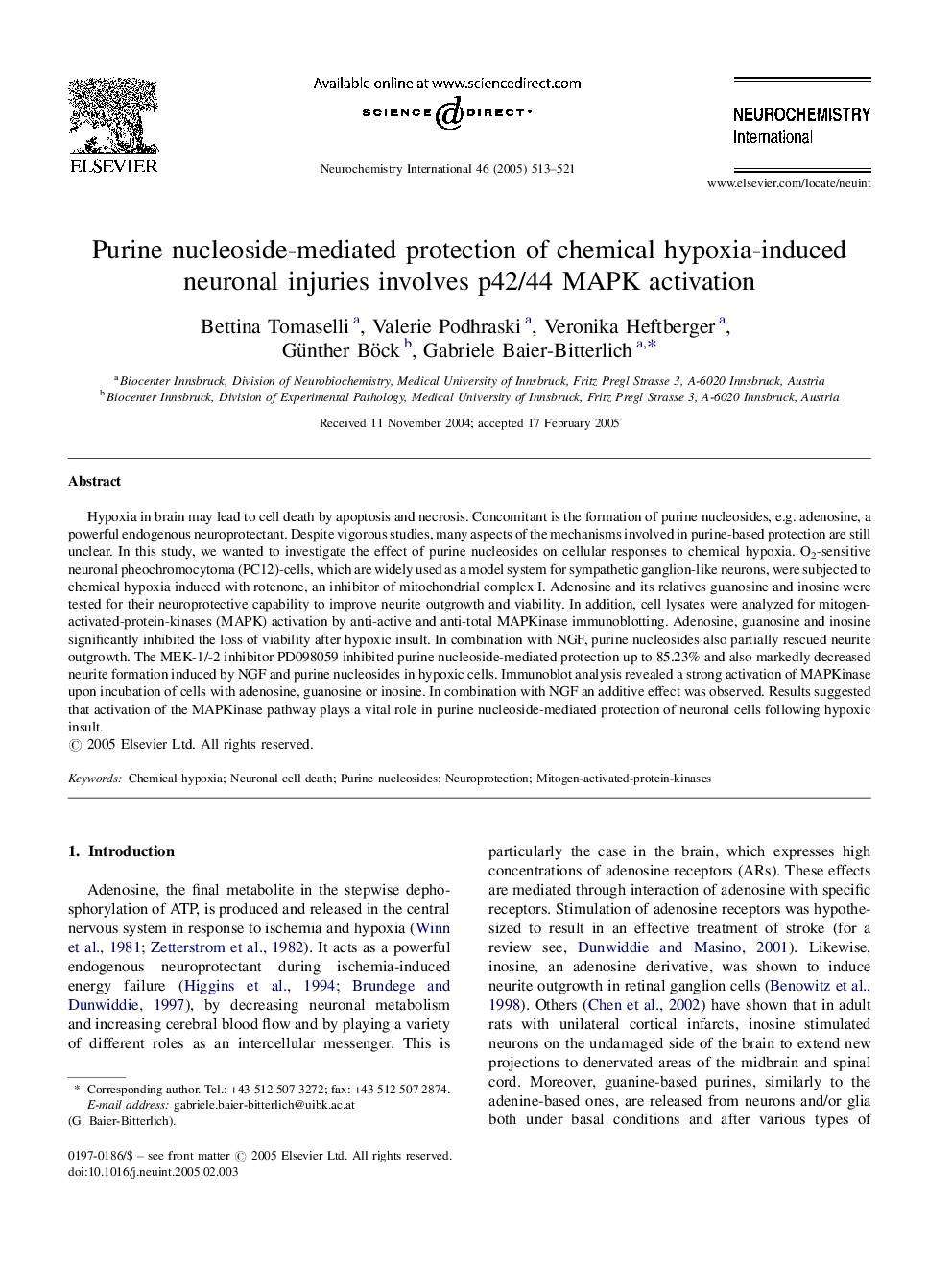 Purine nucleoside-mediated protection of chemical hypoxia-induced neuronal injuries involves p42/44 MAPK activation