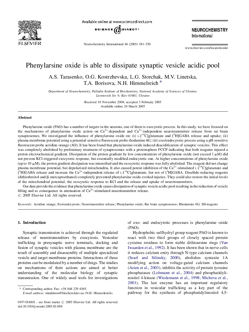 Phenylarsine oxide is able to dissipate synaptic vesicle acidic pool