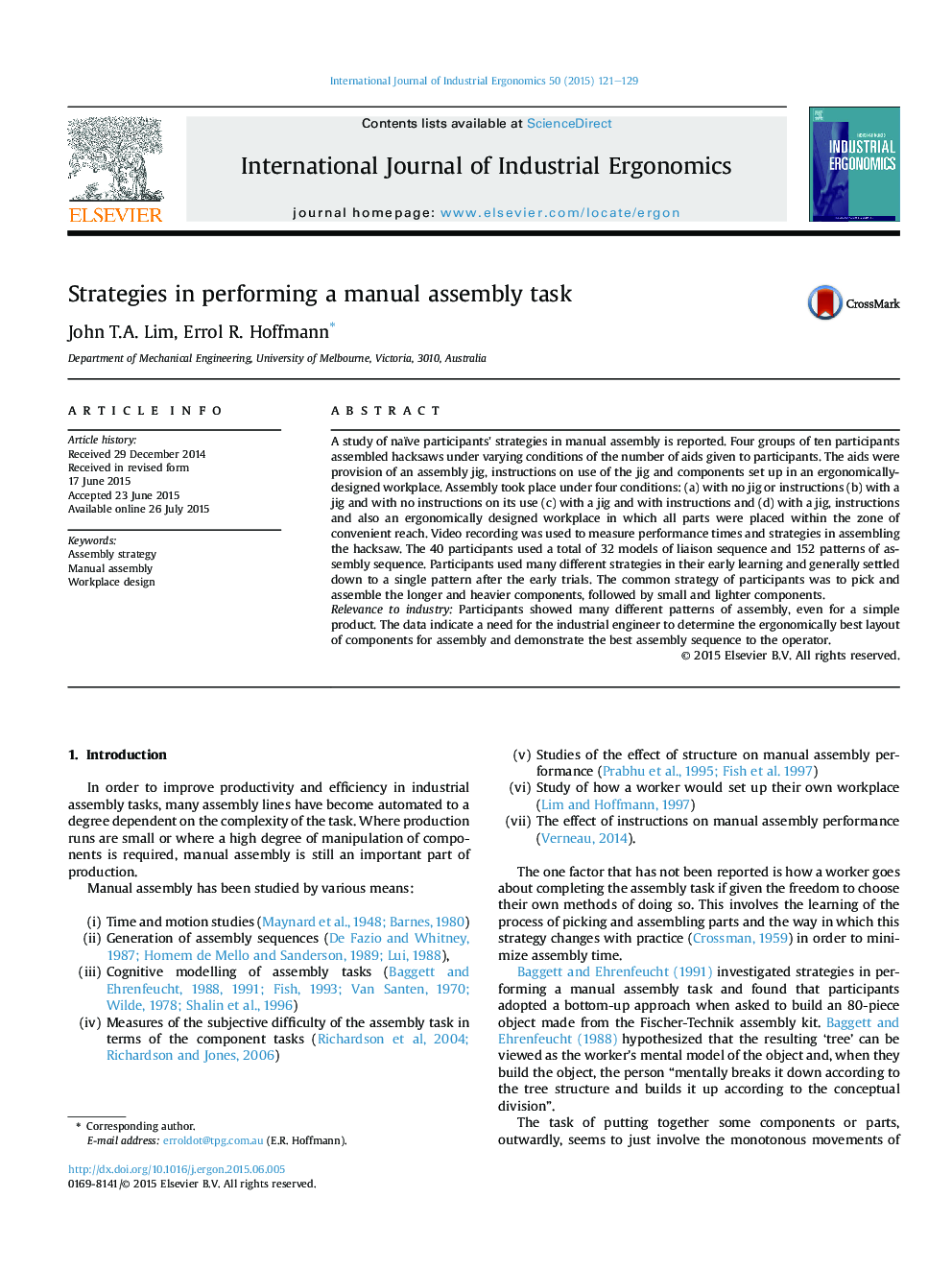 Strategies in performing a manual assembly task