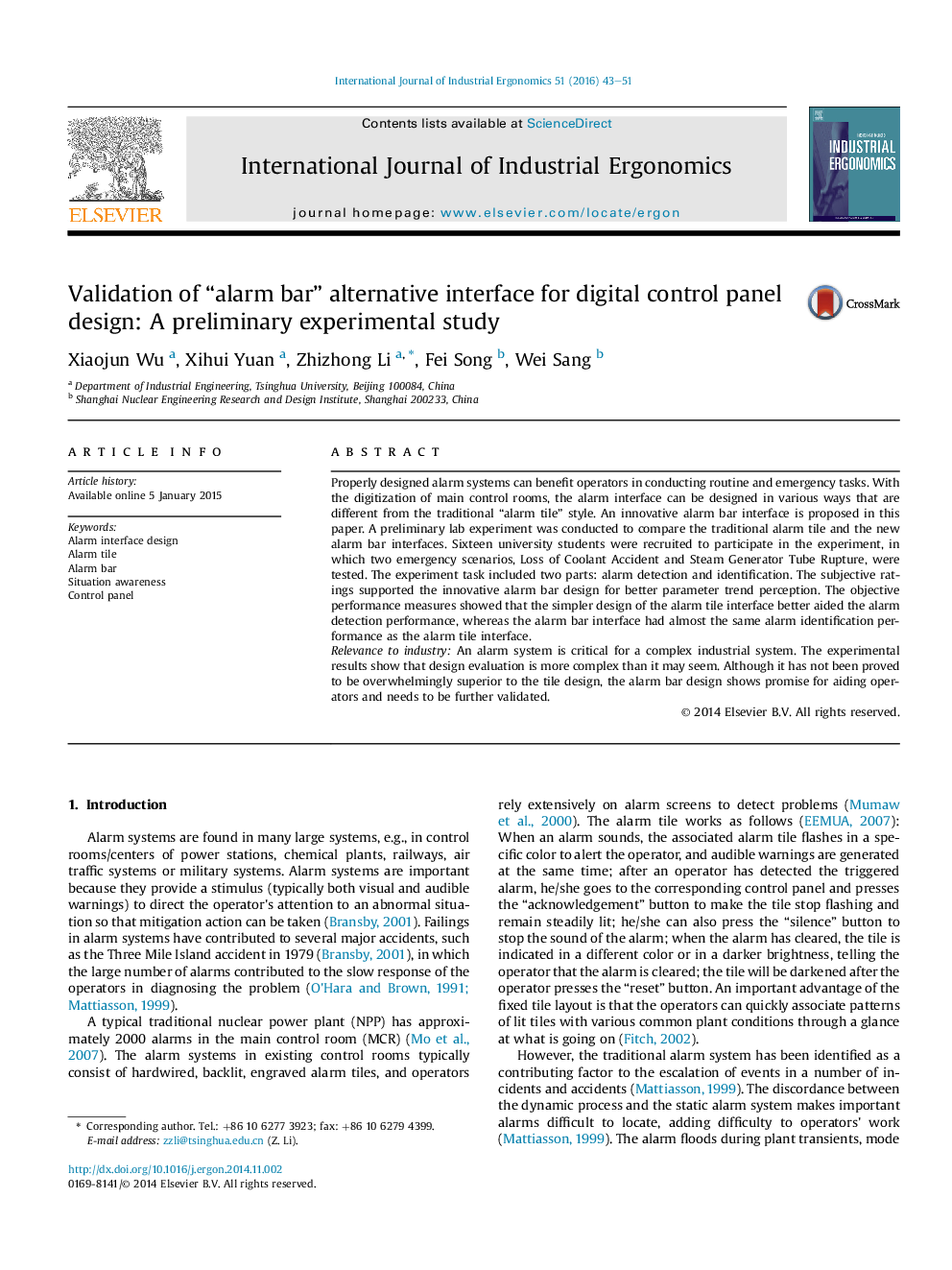 Validation of “alarm bar” alternative interface for digital control panel design: A preliminary experimental study