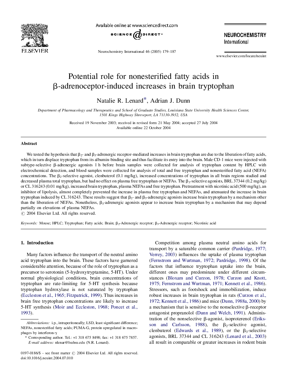 Potential role for nonesterified fatty acids in Î²-adrenoceptor-induced increases in brain tryptophan