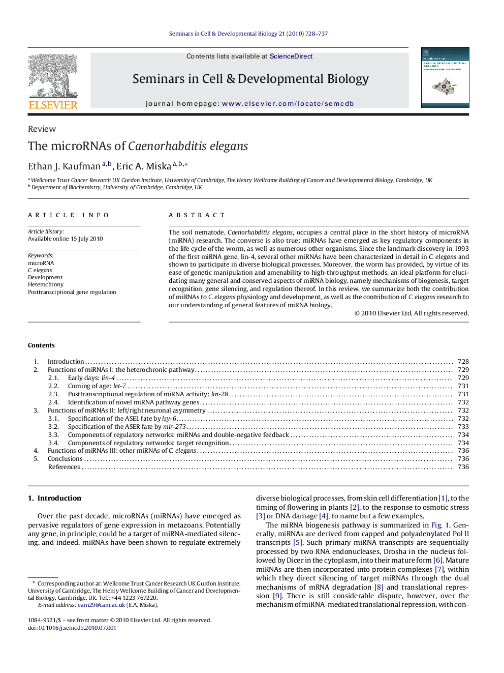 The microRNAs of Caenorhabditis elegans