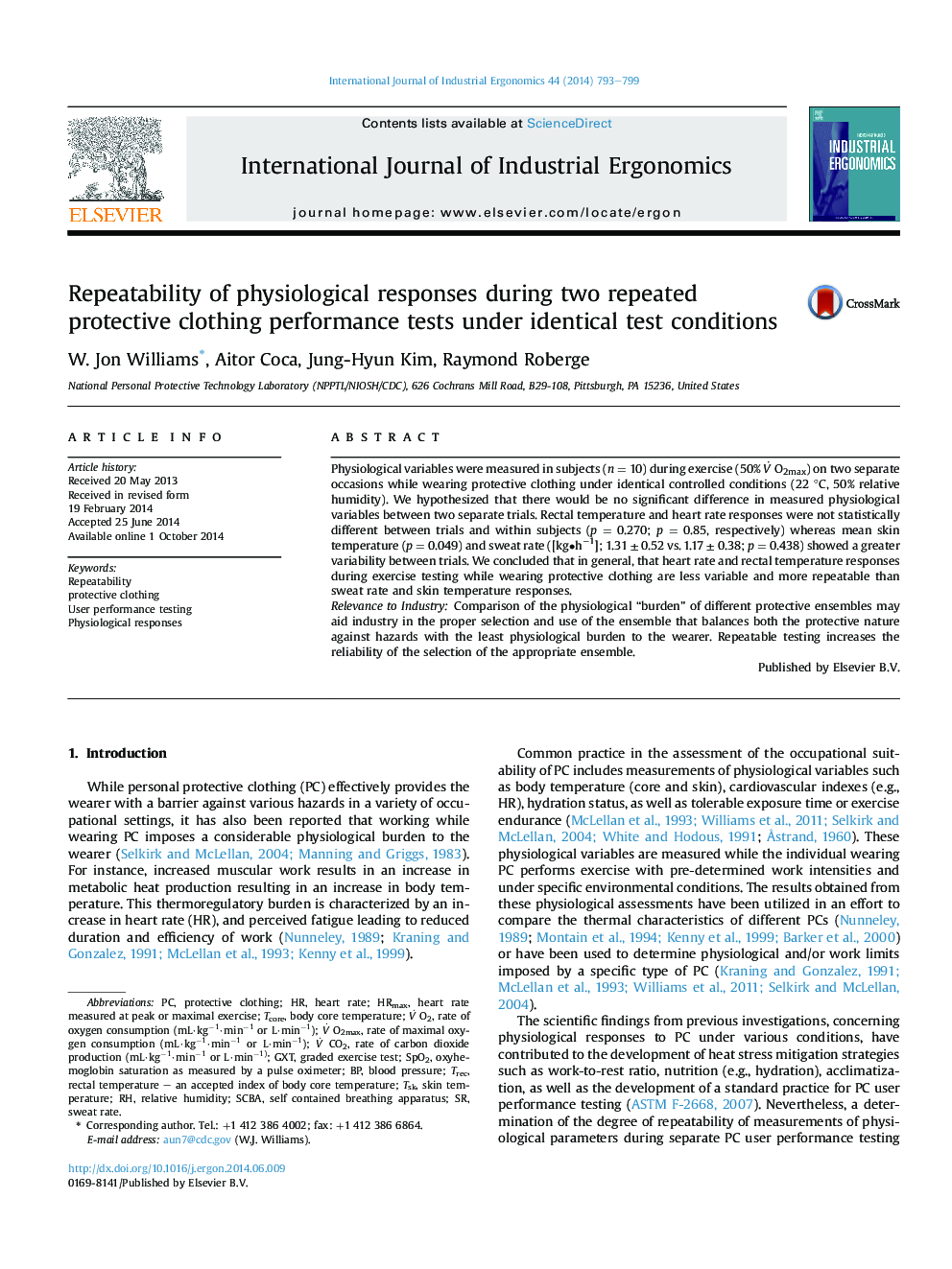 Repeatability of physiological responses during two repeated protective clothing performance tests under identical test conditions