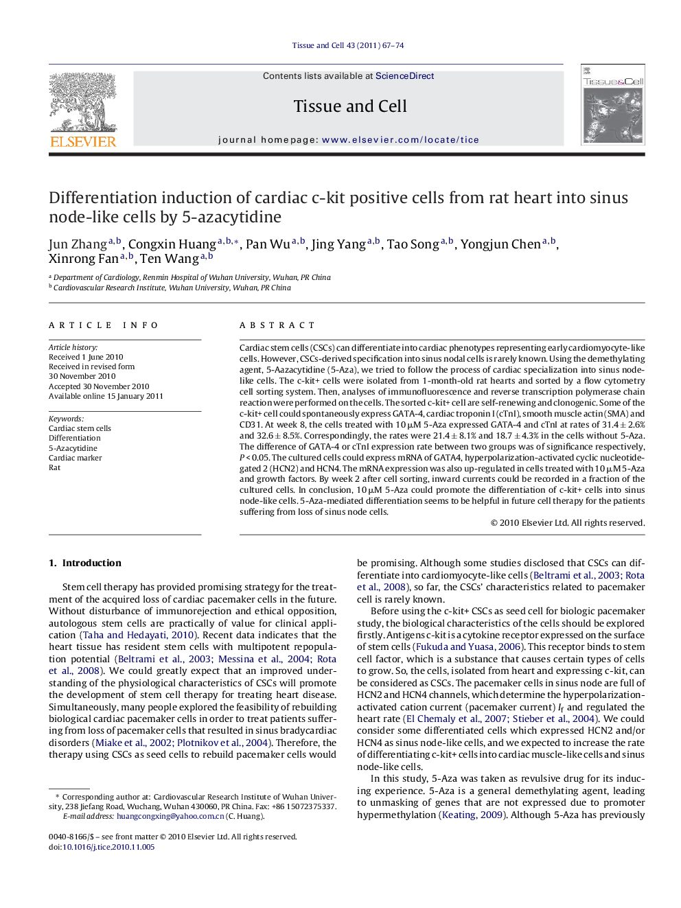 Differentiation induction of cardiac c-kit positive cells from rat heart into sinus node-like cells by 5-azacytidine