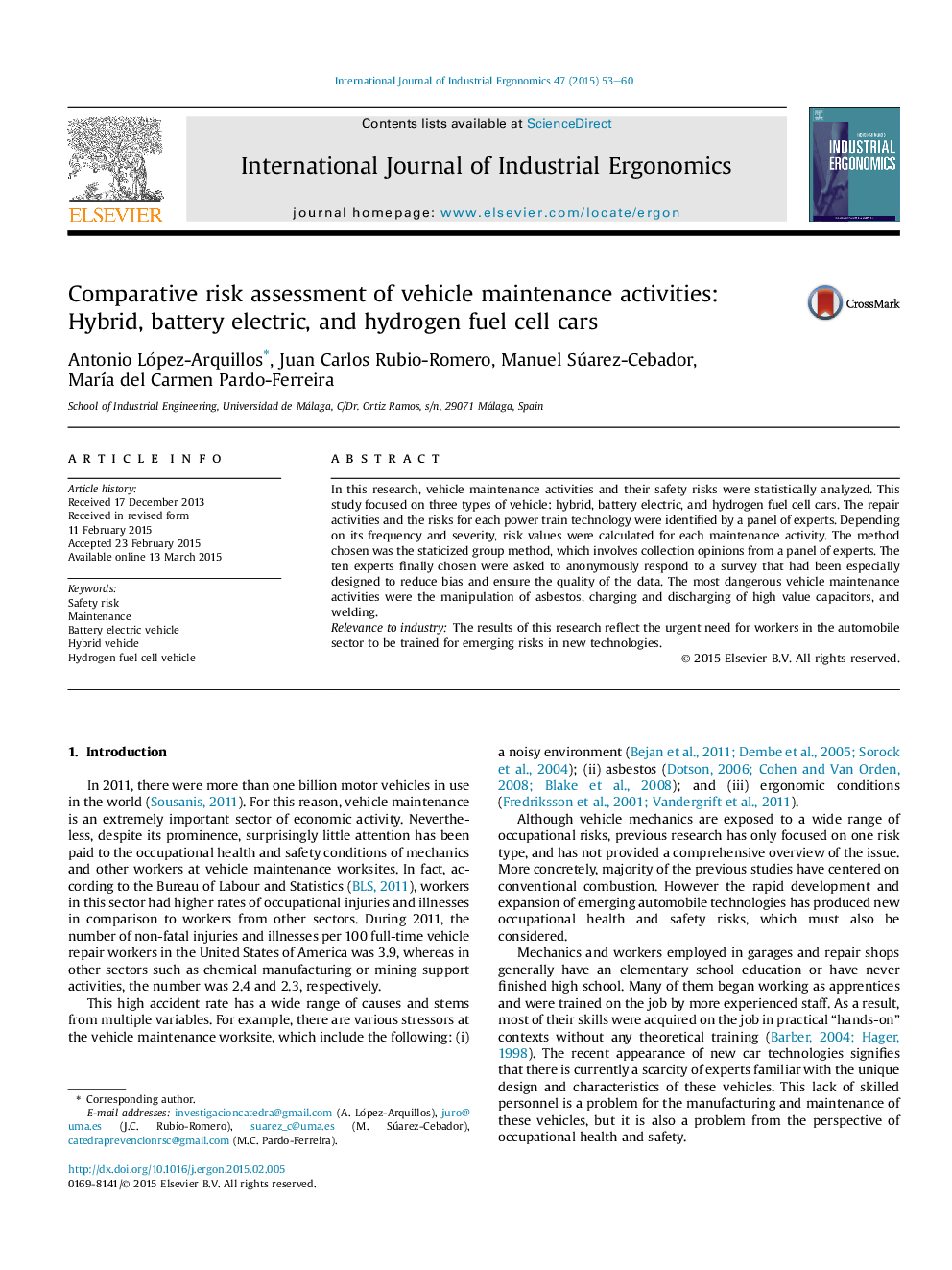 Comparative risk assessment of vehicle maintenance activities: Hybrid, battery electric, and hydrogen fuel cell cars